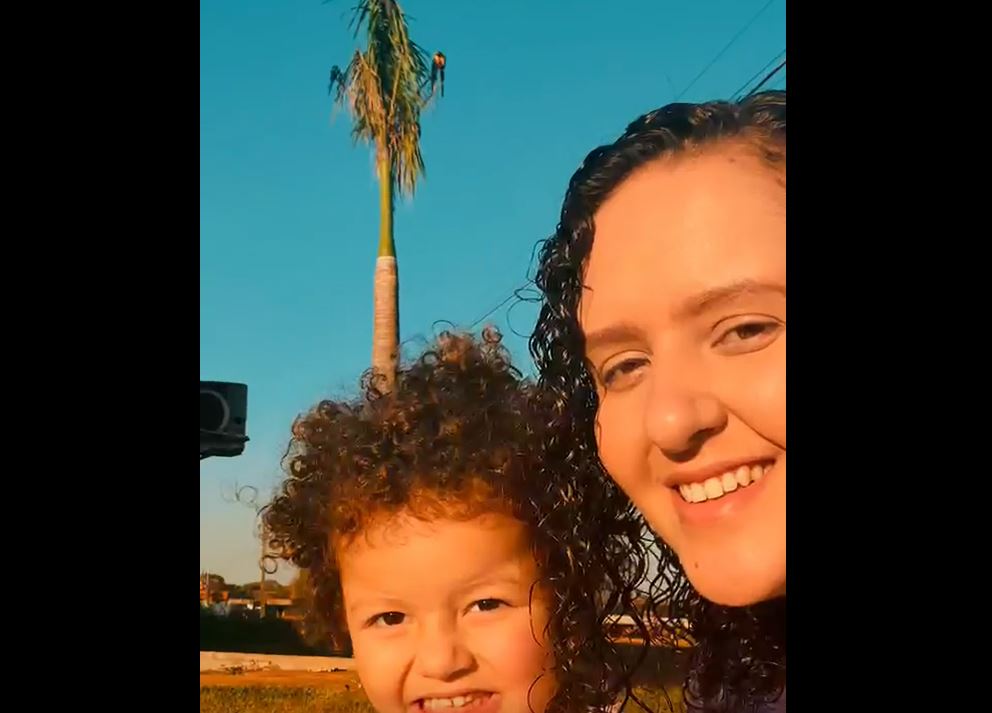 Morando com a filha em Brasnorte, a vilhenense Maelly Nunes filma bando de araras em praça da cidade mato-grossense