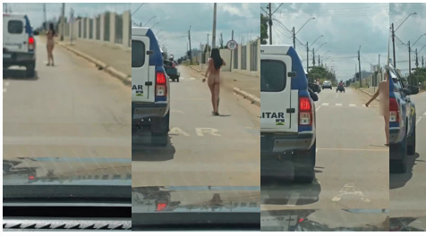 Aparentemente surtada, mulher completamente nua viraliza ao ser flagrada andando pelas ruas de Ariquemes