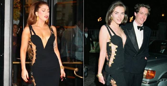 Lady Gaga usa Vesace igual ao que Elizabeth Hurley vestiu há 18 anos