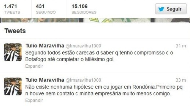 No Twitter, Túlio Maravilha diz que não existe nenhuma hipótese de jogar no VEC