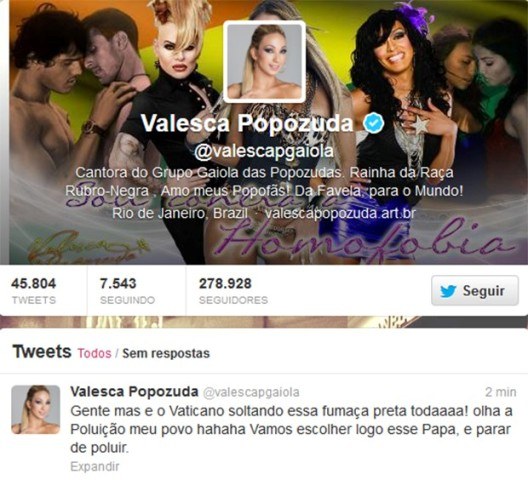 Valesca Popozuda critica fumaça negra no Vaticano: Olha a poluição!