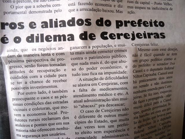 Cerejeiras: jornal critica prefeito e afirma que ele está sem apoio político