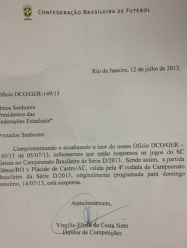 Novela: Após notícia extraoficial, CBF decide suspender jogo Genus x Plácido 