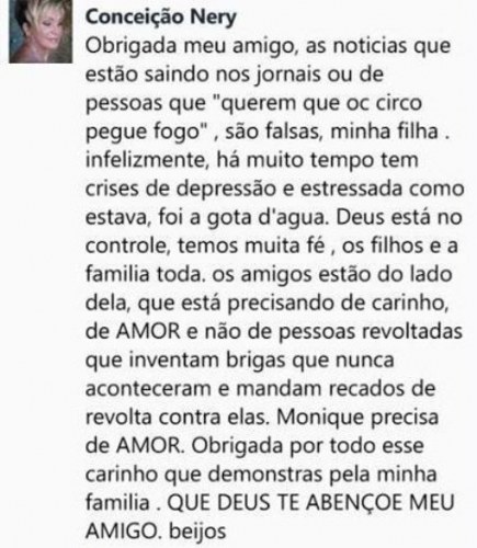 Mãe de Monique Evans fala sobre estado de saúde da filha em rede social