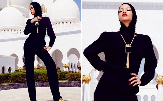 Mesmo com look comportado, Rihanna cria polêmica em Abu Dhabi