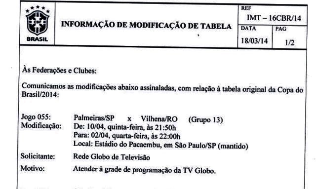CBF altera data do jogo de volta entre Palmeiras e Vilhena no Pacaembu