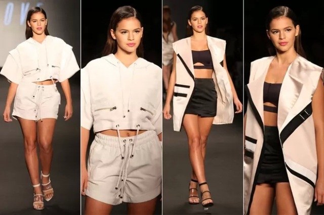 Bruna Marquezine desfila no Fashion Rio com a amiga Sasha na plateia