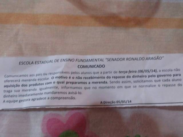 Que vergonha, Confúcio! Escola em Vilhena pede que alunos levem merenda