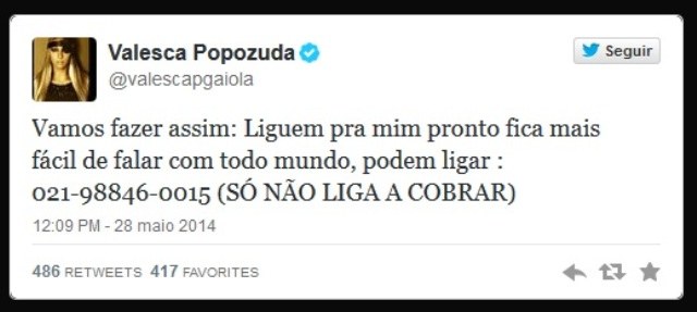 Valesca divulga telefone no Twitter para conversar com os fãs