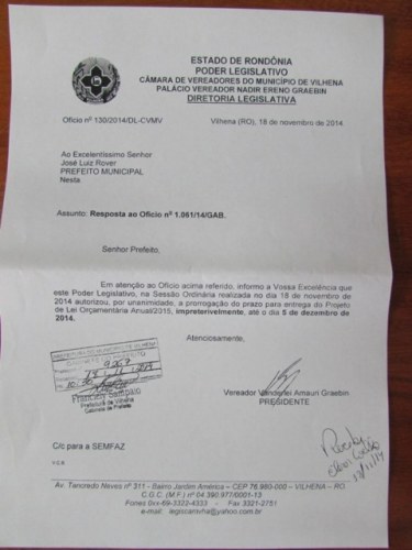 Sob pressão, prefeitura de Vilhena envia orçamento à Câmara no prazo-limite