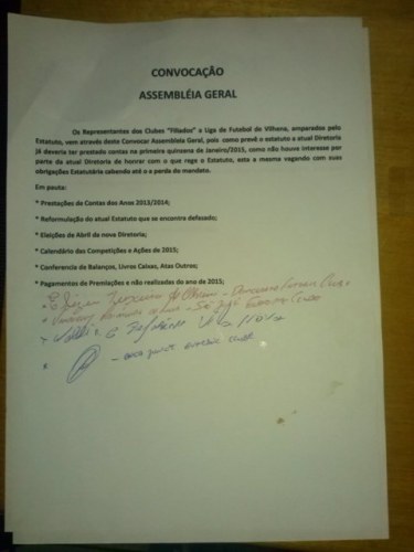 Representantes de clubes filiados a LFV convocam Assembleia Geral