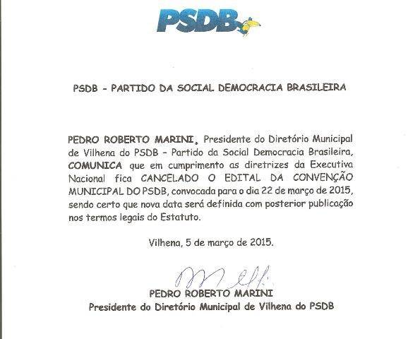 Tucanos cancelam convenção que elegeria novo diretório do PSDB em Vilhena