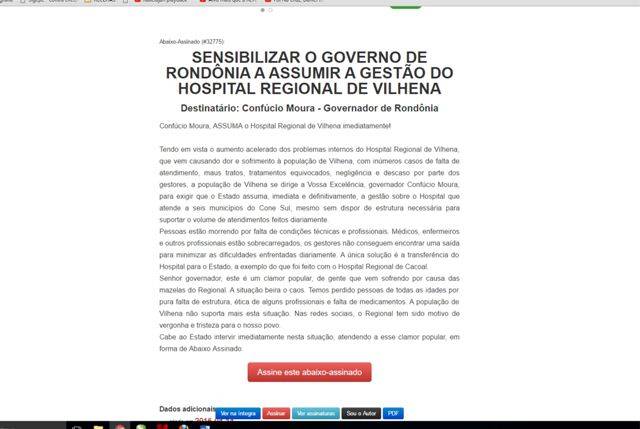 Vilhenenses criam abaixo-assinado e pedem que Estado assuma Hospital Regional