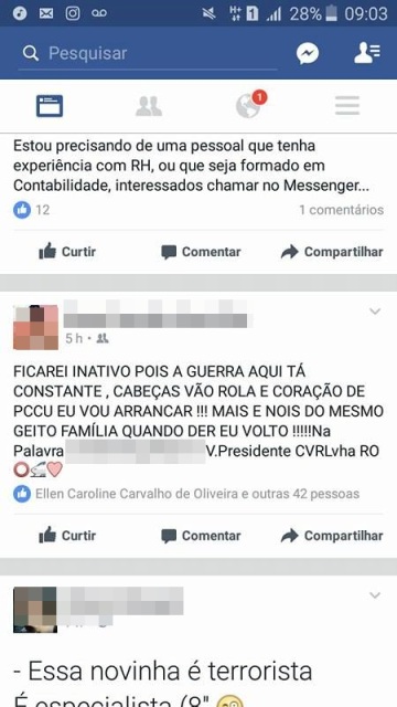 Em Vilhena, detento de presídio publica foto no Facebook e anuncia guerra entre facções