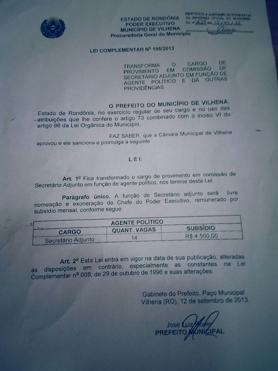 Veja documento: lei municipal que protege adjuntos em Vilhena pode ser derrubada na justiça