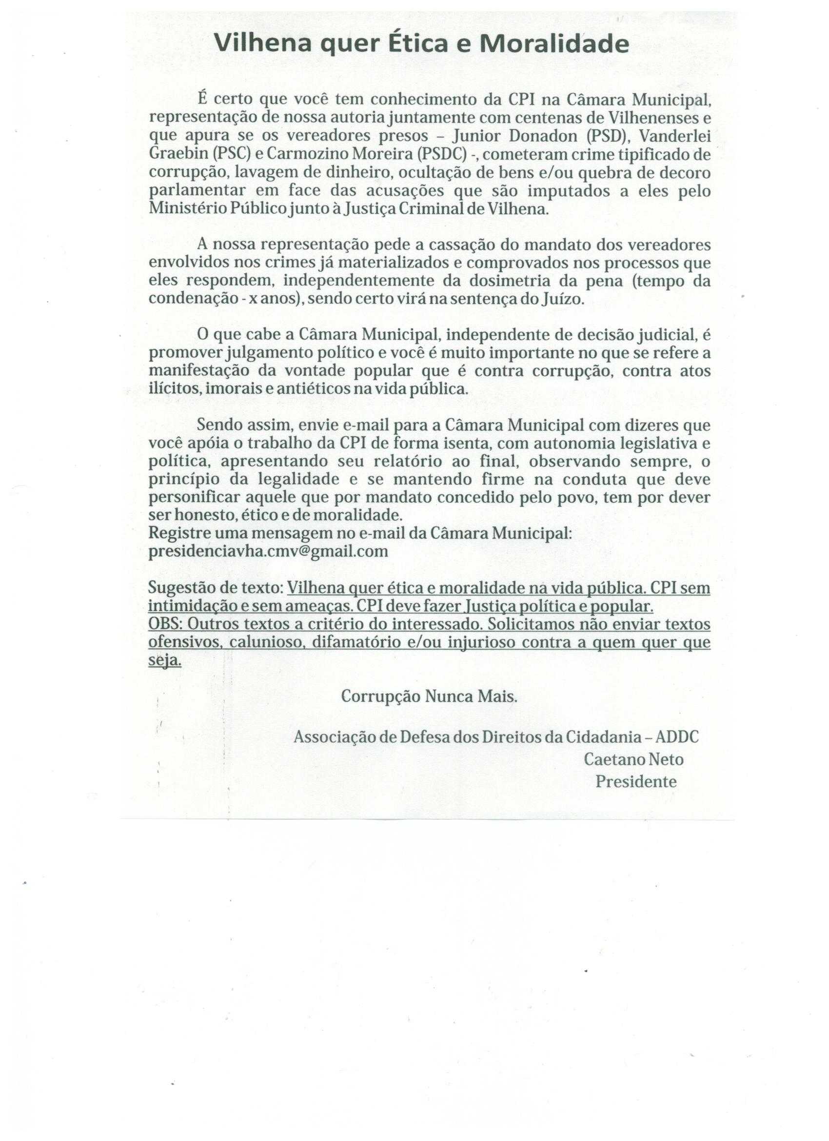 Advogado critica defesa e distribui panfleto pedindo cassação de vereadores em Vilhena