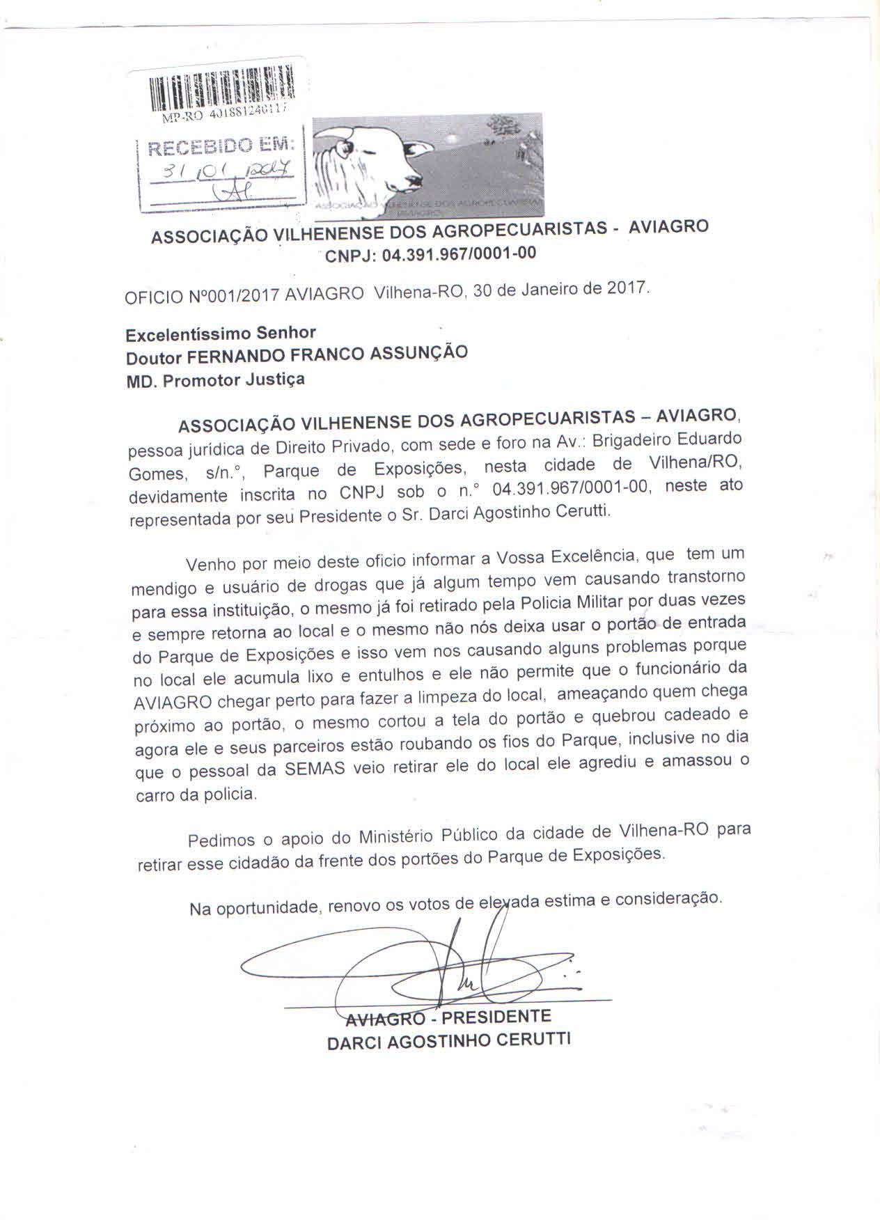 Andarilho agressivo impede limpeza de parque em Vilhena; Aviagro aciona Ministério Público