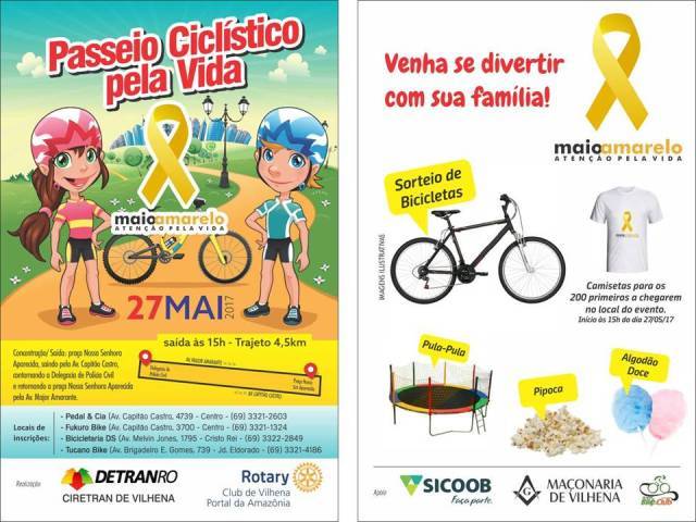 Passeio ciclístico pela vida acontece no sábado e encerra o Movimento Maio Amarelo em Vilhena