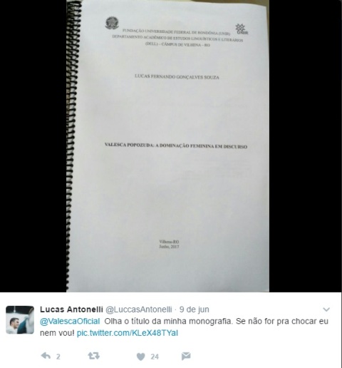 Universitário vilhenense faz monografia sobre Valesca Popozuda e cantora agradece: “Vai lacrar!”