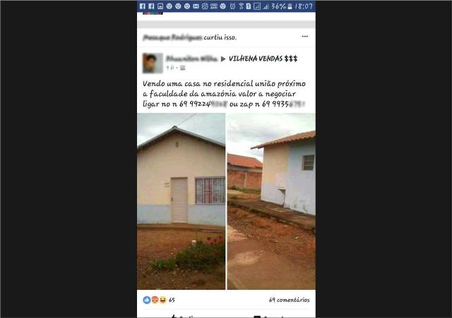 Vilhena: destinada a pessoas de baixa renda, casa popular é anunciada no Facebook por R$ 35 mil