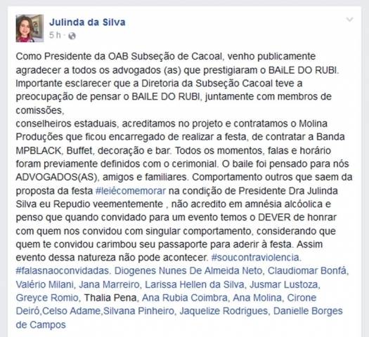 Ex-deputado rondoniense cassado promove nova baixaria e avacalha baile de advogados