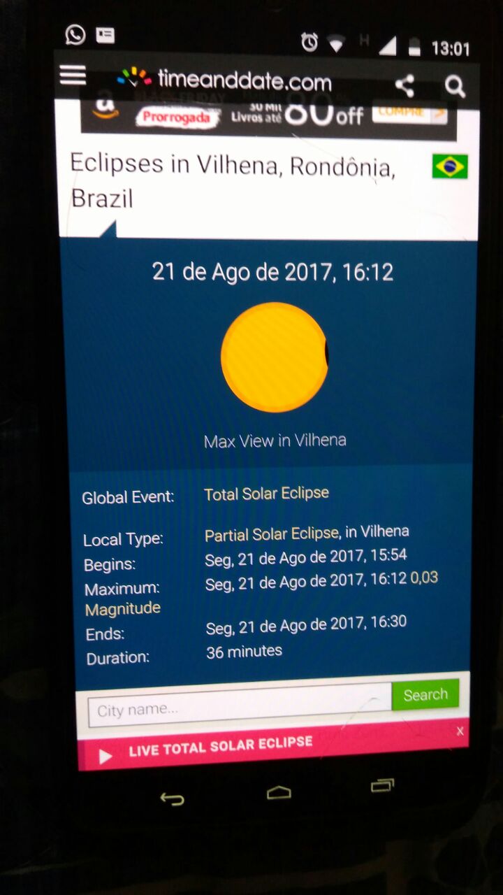 Daqui a pouco, vilhenenses poderão ver eclipse solar; oftalmologista alerta para riscos