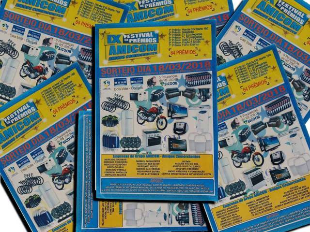 AMICOM convida população para sorteio do Festival de Prêmios que será domingo, em frente ao Supermercado Dourado