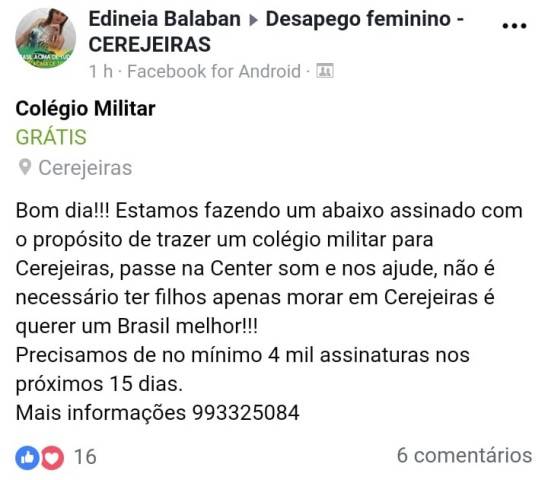 Prometida por governador eleito, voluntários organizam abaixo-assinado em prol de escola militar em Cerejeiras