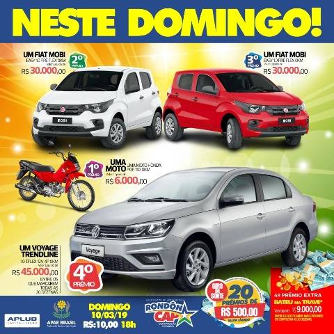 Rondon Cap: Cone Sul já tem 60 ganhadores só em 2019; neste domingo, sorteio terá veículos e dinheiro