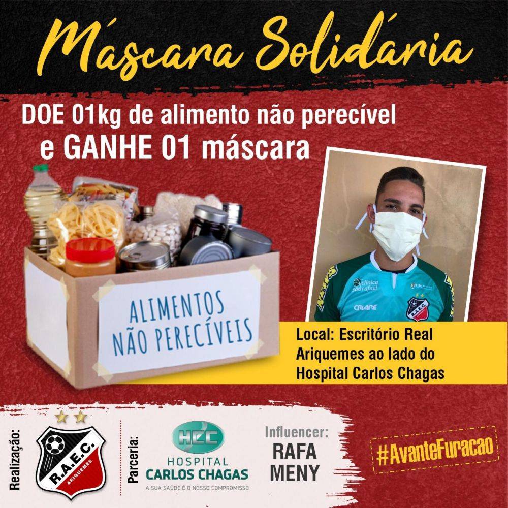 Real Ariquemes lança campanha Máscara Solidária com intuito de arrecadar alimentos