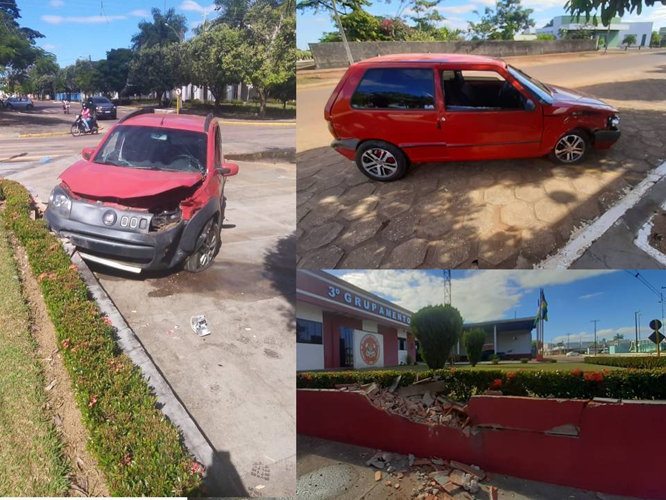 Veículos colidem em cruzamento no Centro de Vilhena; um deles atingiu a mureta da sede do Corpo de Bombeiros
