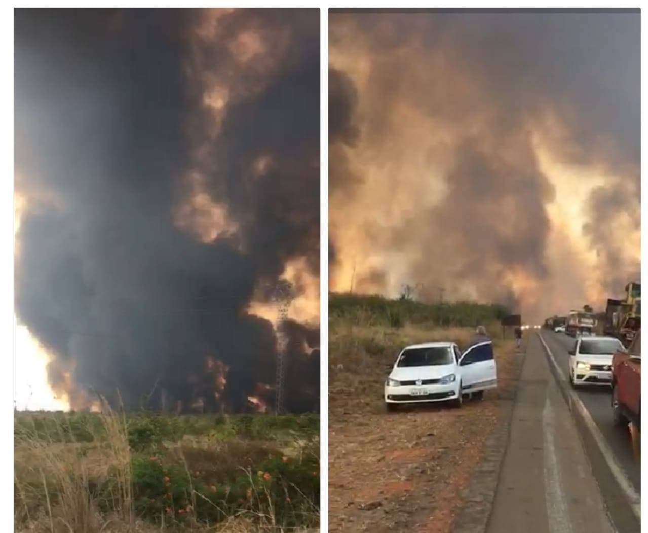 ASSISTA: viraliza vídeo mostrando incêndio de grande proporção que paralisou trânsito na BR-364 em cidade de MT