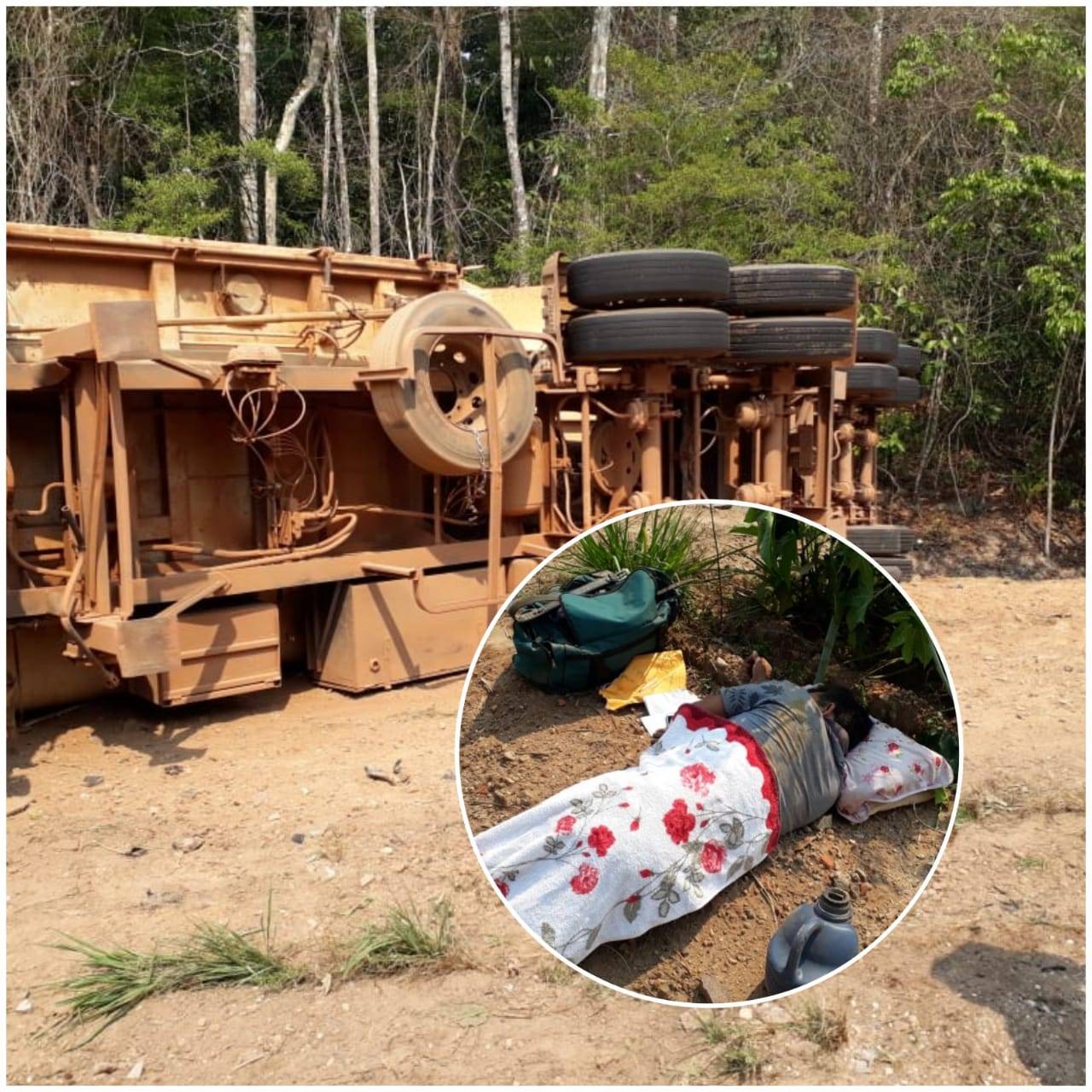 Motorista fica ferido após carreta sem freios carregada com areia tombar no pé de serra entre Vilhena e Colorado