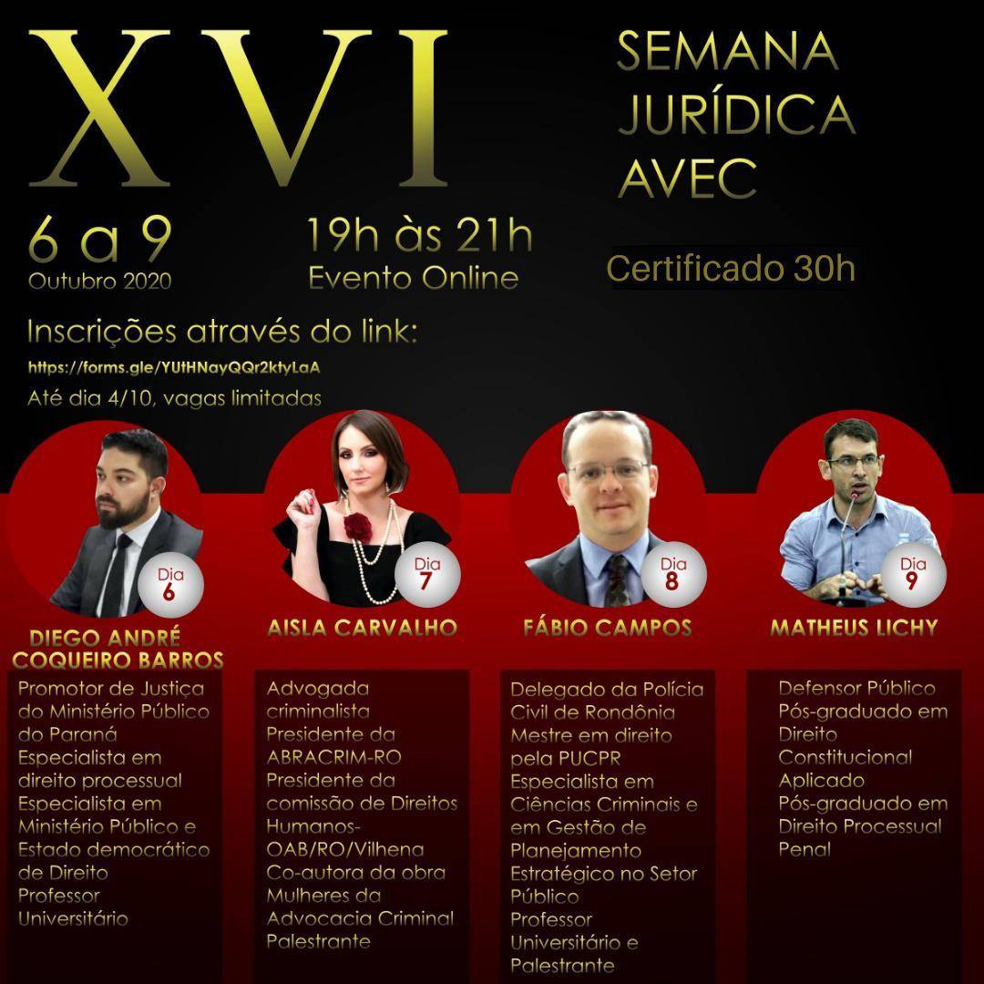 Em formato virtual, curso de Direito da Faculdade AVEC realizará XVI Semana Jurídica
