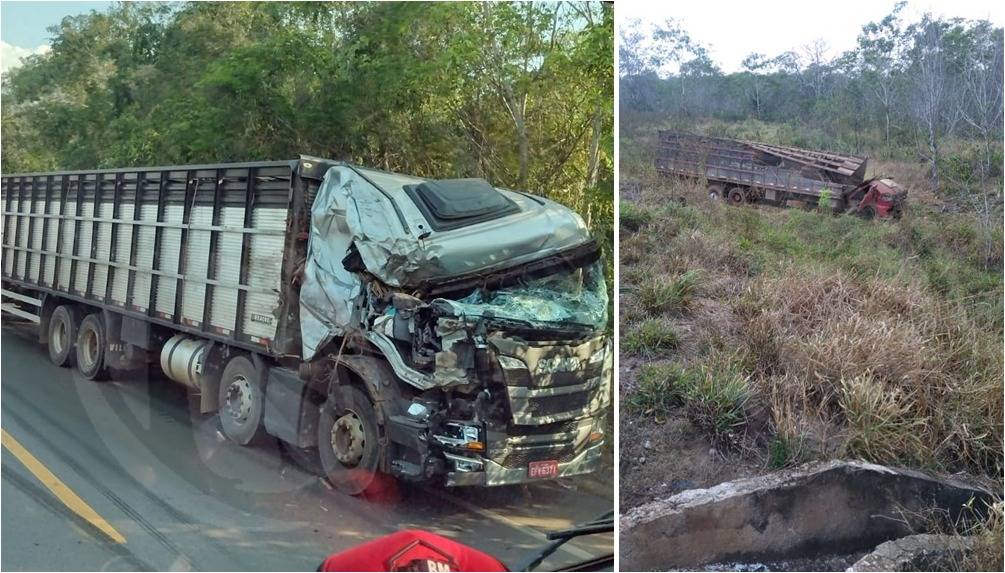Caminhões boiadeiros batem de frente na BR 364; carreta graneleira teria provocado o acidente entre Vilhena e Pimenta Bueno