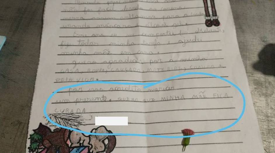 “Quero que a minha mãe fique curada”, escreve aluna de escola rural de Vilhena em cartinha para Papai Noel