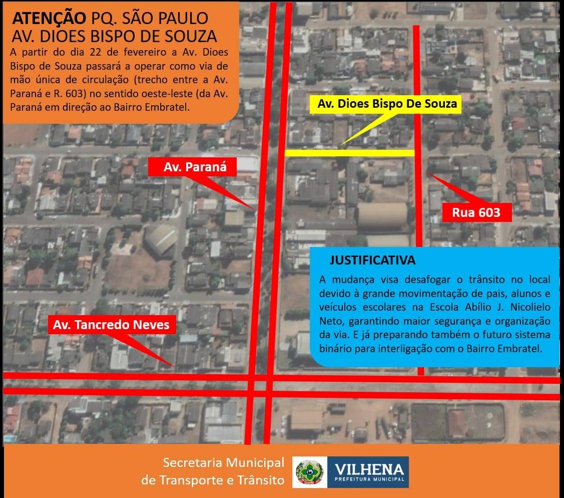Mudança no trânsito: avenida passa a ser mão única em trecho para beneficiar famílias em escola municipal