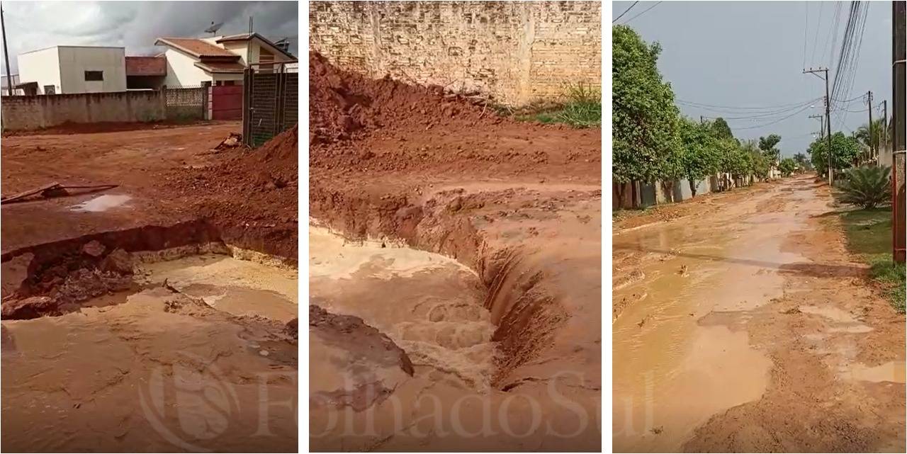 ASSISTA VÍDEO: chuva abre cratera no meio da rua em bairro de Vilhena e moradores voltam a reclamar de obra de drenagem