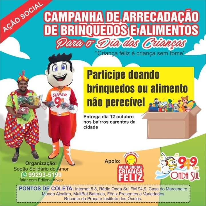 Ação Social “Criança Feliz é Criança Sem Fome” arrecada alimentos e brinquedos apara serem doados no Dia das Crianças