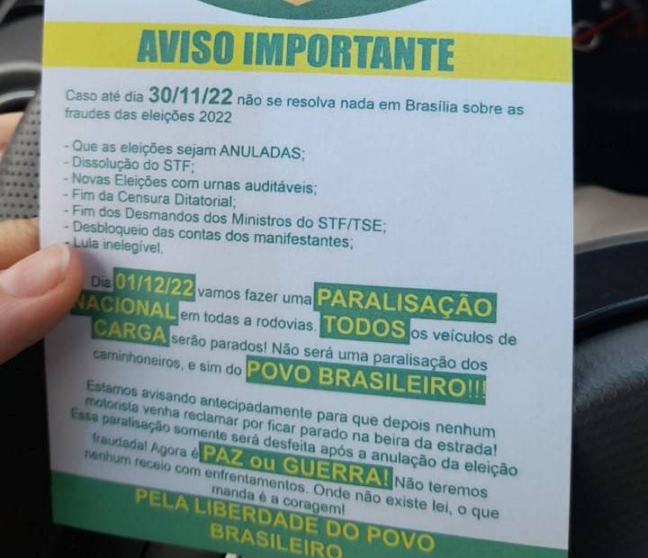 ASSISTA VÍDEO: panfleto anunciando que caminhões serão barrados são distribuídos no WhatsApp e em rodovia de Rondônia