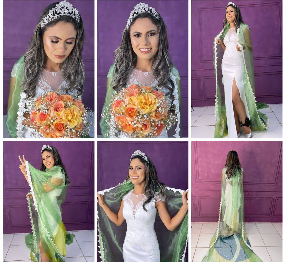 ASSISTA: vídeo que mostra noiva bolsonarista de MT chegando ao altar com tornozeleira e usando bandeira como véu viraliza no Brasil