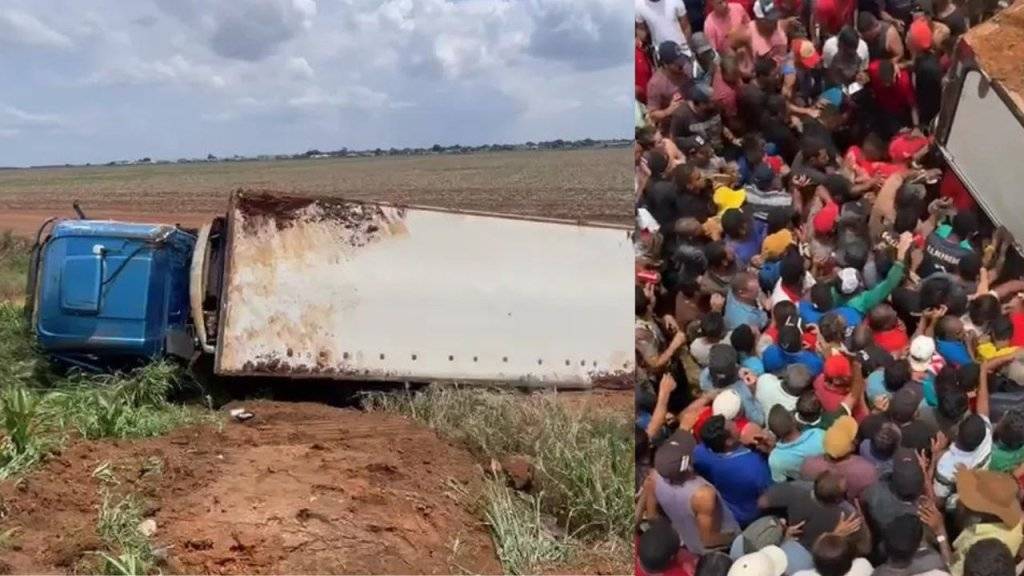 ASSISTA VÍDEO: vindo para Rondônia, caminhão tomba em rodovia de MT e tem carga de carnes saqueada por populares