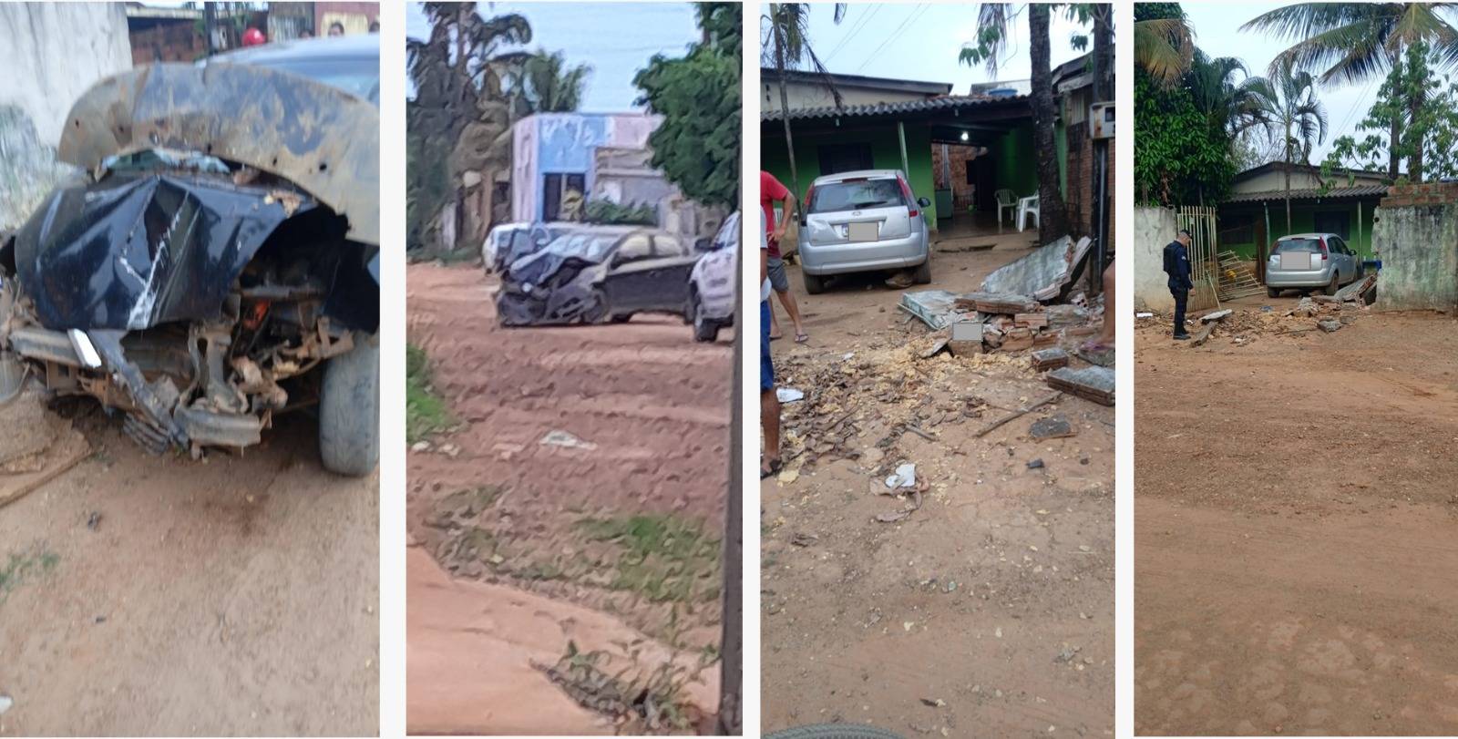 Após destruir muro de casa, motorista abandona carro avariado na batida e foge a pé em bairro de Vilhena