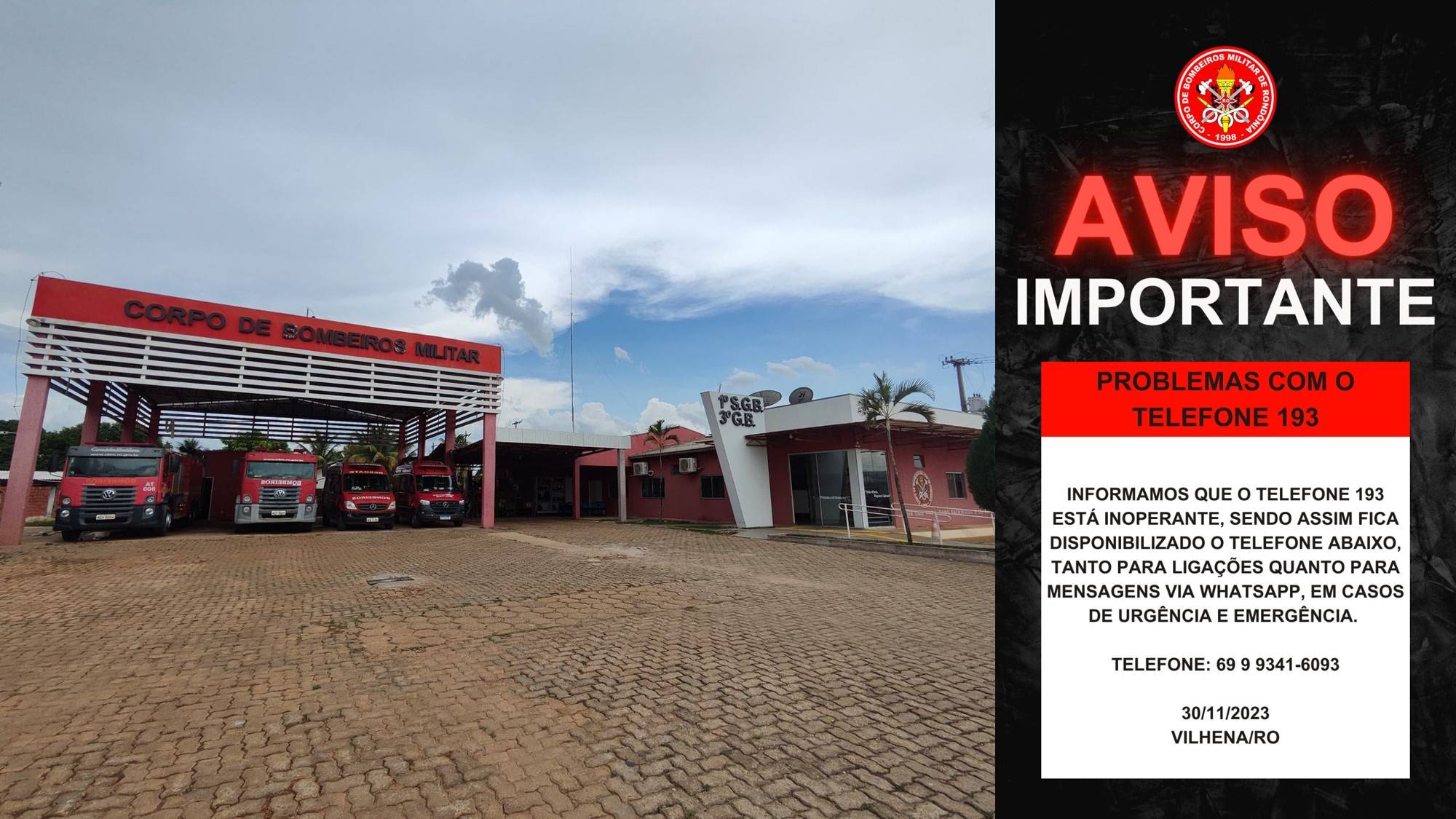 Corpo de Bombeiros de Vilhena estabelece canal alternativo de emergência diante de instabilidade na linha 193