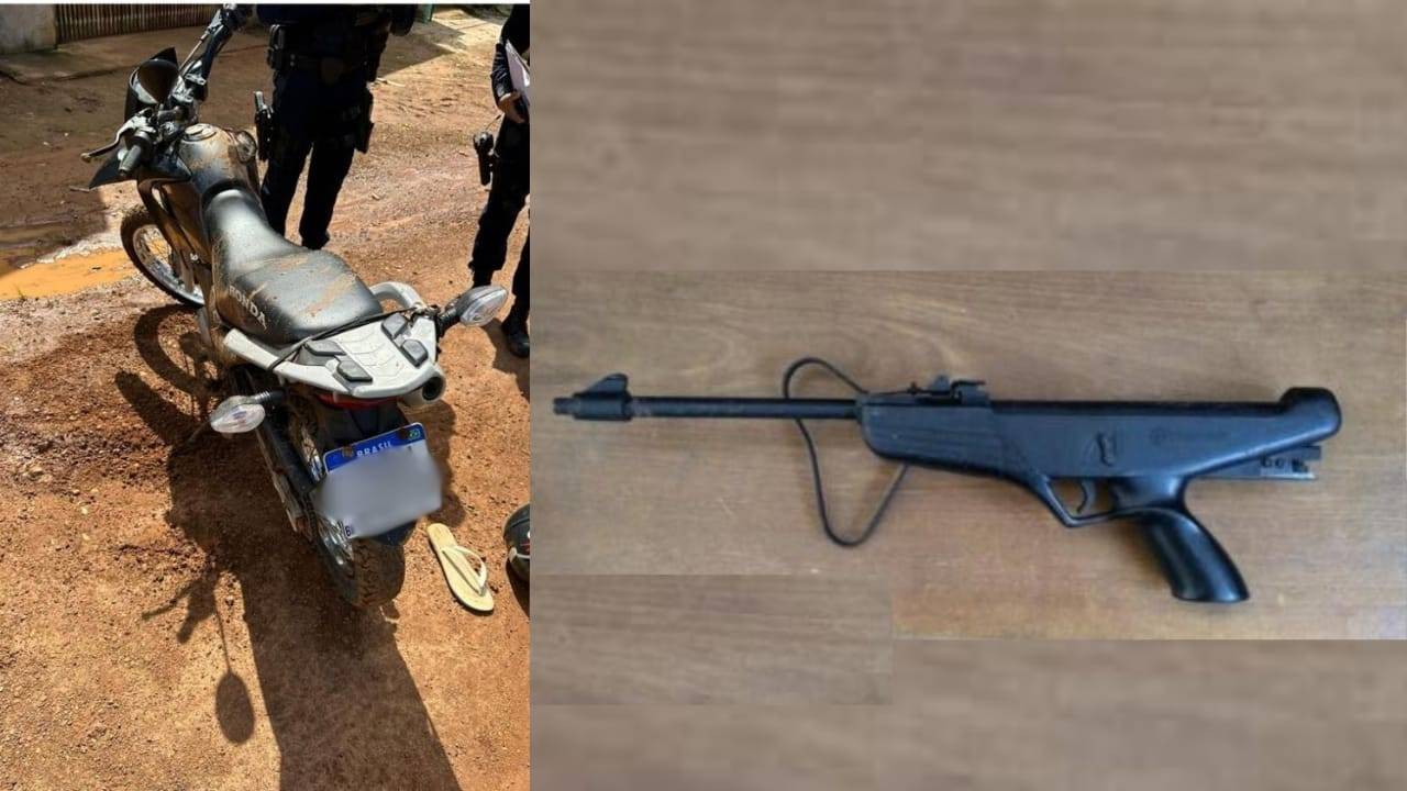 Suspeito cai de moto durante perseguição, o que leva polícia a apreender arma, drogas e moto roubada, além de resgatar cão passando fome