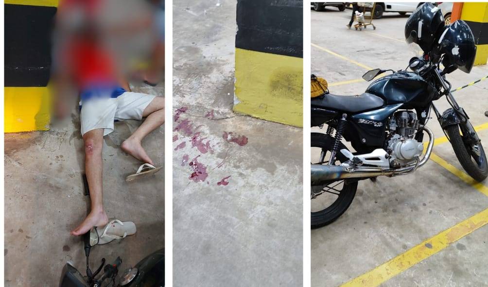 Em Vilhena, motociclista atinge pilastra em estacionamento de supermercado; se recusa a ir para hospital e é conduzido a pé para a UNISP