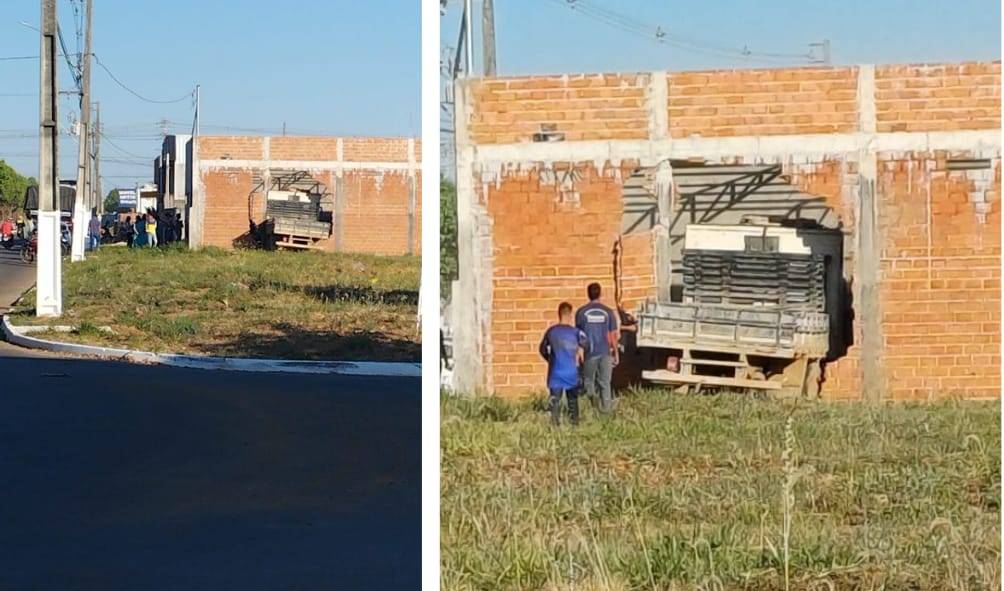 VÍDEOS: com sinais de embriaguez, motorista perde controle da direção e caminhão destrói parede de imóvel em construção, em Vilhena
