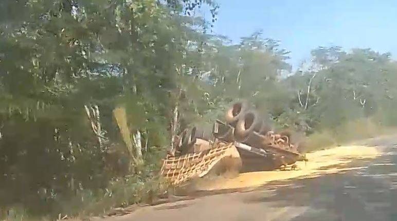 VEJA VÍDEO: carregada de milho, composição de carreta tomba em trecho de rodovia entre Vilhena e Colorado do Oeste