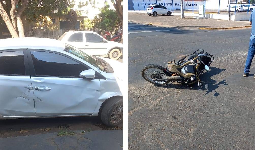 Motociclista é levado para o pronto-socorro do Hospital Regional de Vilhena após atingir carro que teria invadido a preferencial