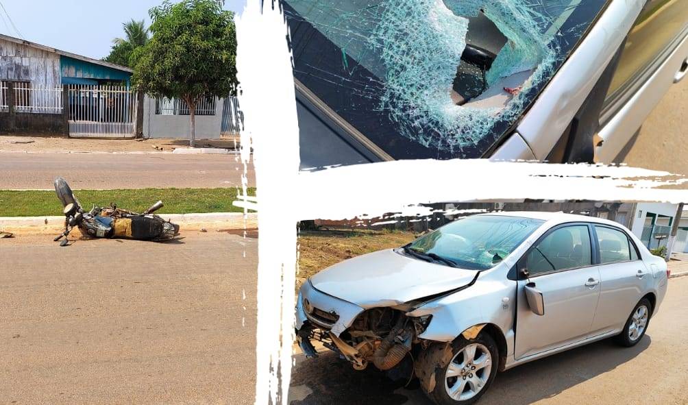 Acidente envolvendo carro e moto na principal avenida de Pimenteiras do Oeste deixa boliviano de 23 anos em estado grave